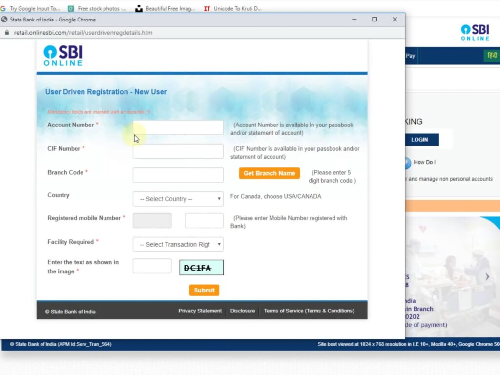Sbi internet banking Registration form